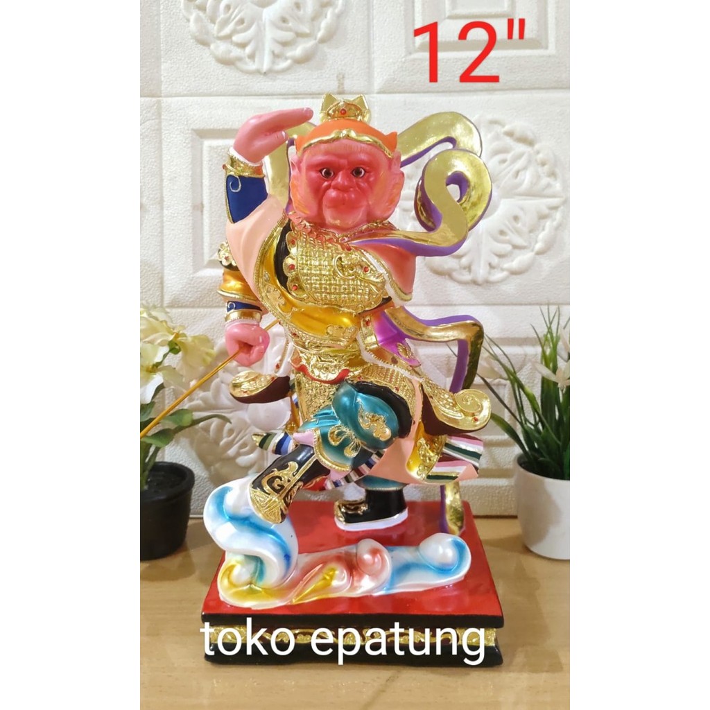 patung dewa kera sakti / sun go kong - 12 inch - kayu - s