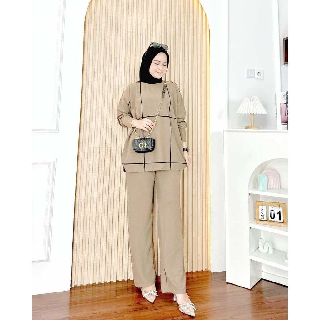 Setelan 2024 Hijab Lebaran Premium Pakean Setcel Branded One Set Kemeja Tunik Muslim Perempuan 1Sete