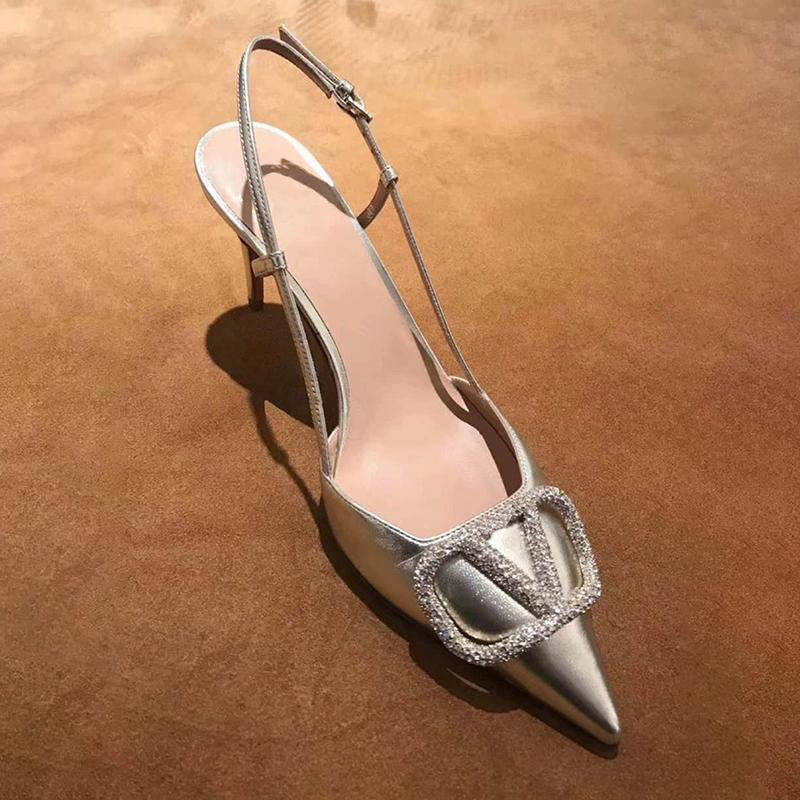 High Heels Wanita KW Sandal Hak Tinggi Stiletto, Sandal Ujung Tertutup, Berlian Imitasi,