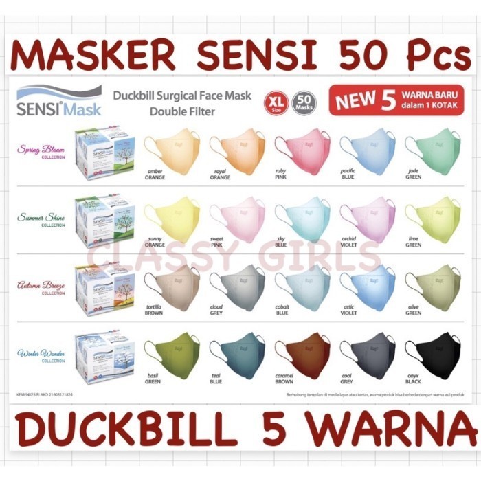 Terbaru Masker Sensi Duckbill Xl Surgical Double Filter Mix 5 Warna Isi 50 Pcs
