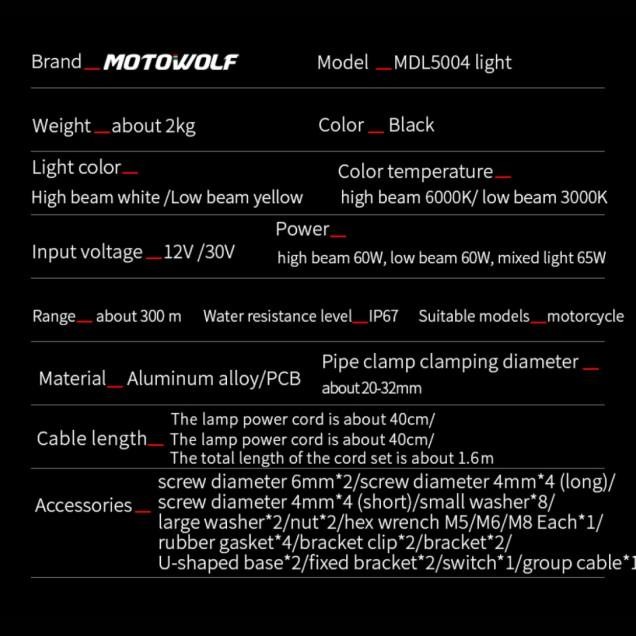 Lampu Motowolf Lampu Led Motor Putih Kuning 65W Terang