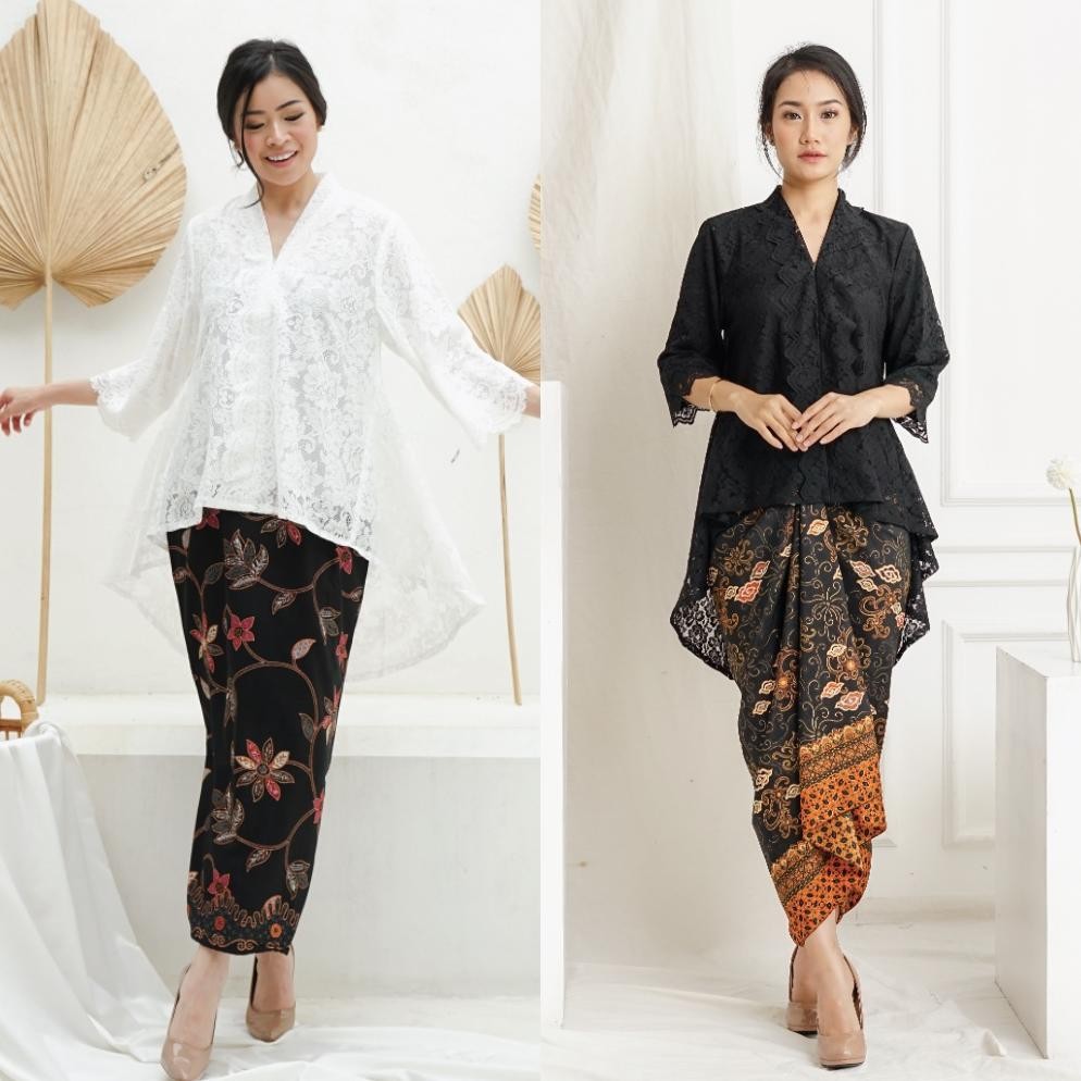 Terlaris Ibukebaya - Kebaya Encim Modern Panjang Belakang Penguin Brukat Putih Hitam Berkualitas