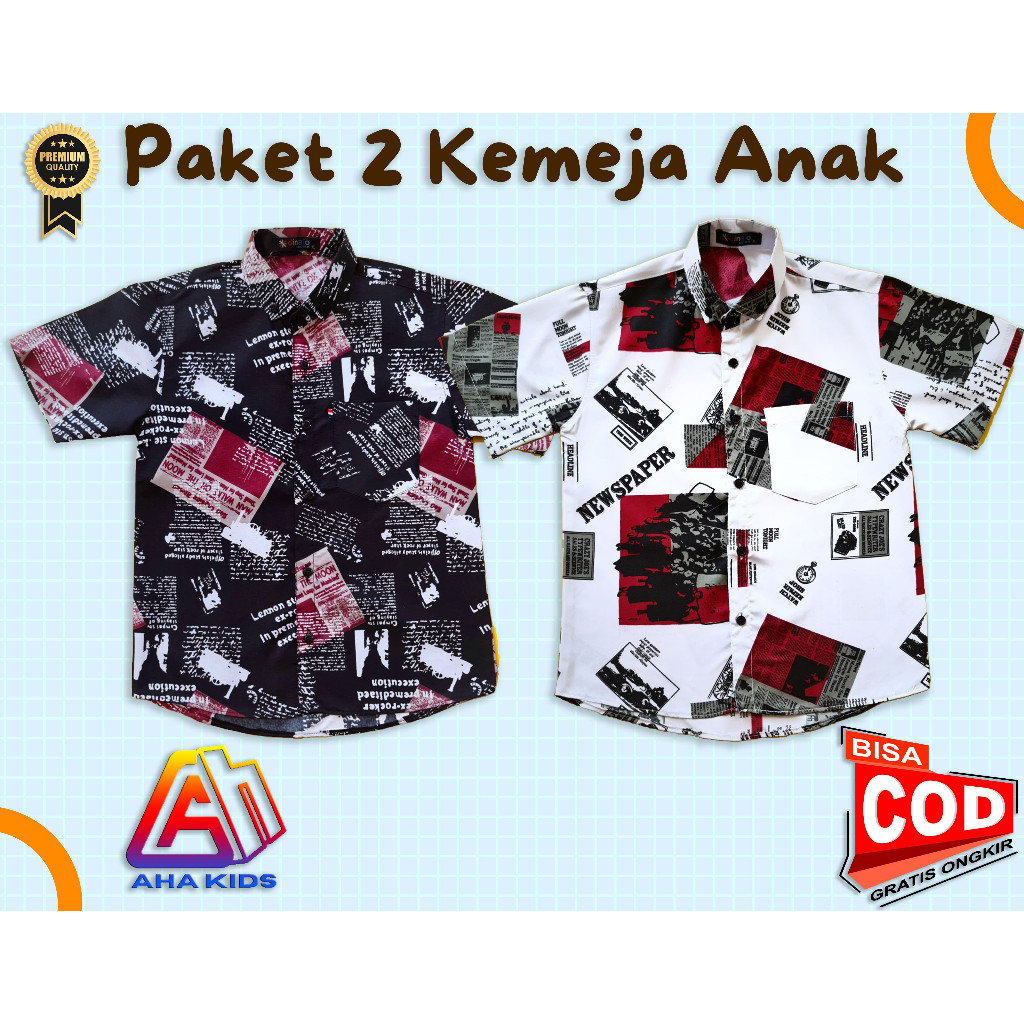Baju Anak Casual Gratis Ongkir/[bisa]Cod/PAKET isi 2 pcs Kemeja Anak Laki Cowok Motif Koran