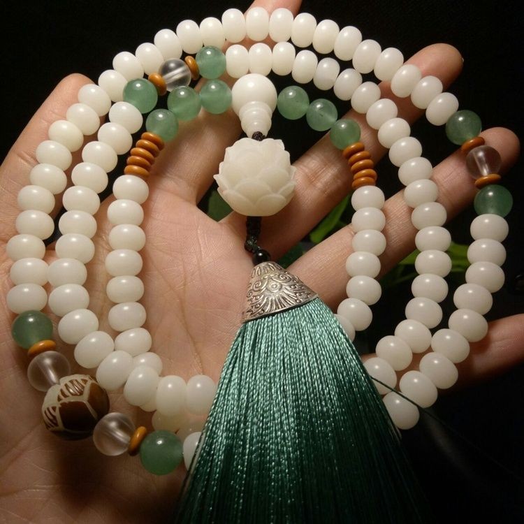 Gelang Kata Akar Bodhi White Jade108Koleksi Kalung Tasbih Rosario, Kalung Tasbih Biji Bodhi Liontin 
