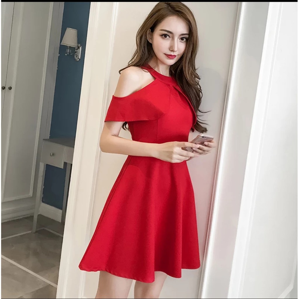 Dres Merah 2024 Set Dress Pesta Natalan Kondangan Dres Pendek Desember Natal Dress Wanita Kekinian D