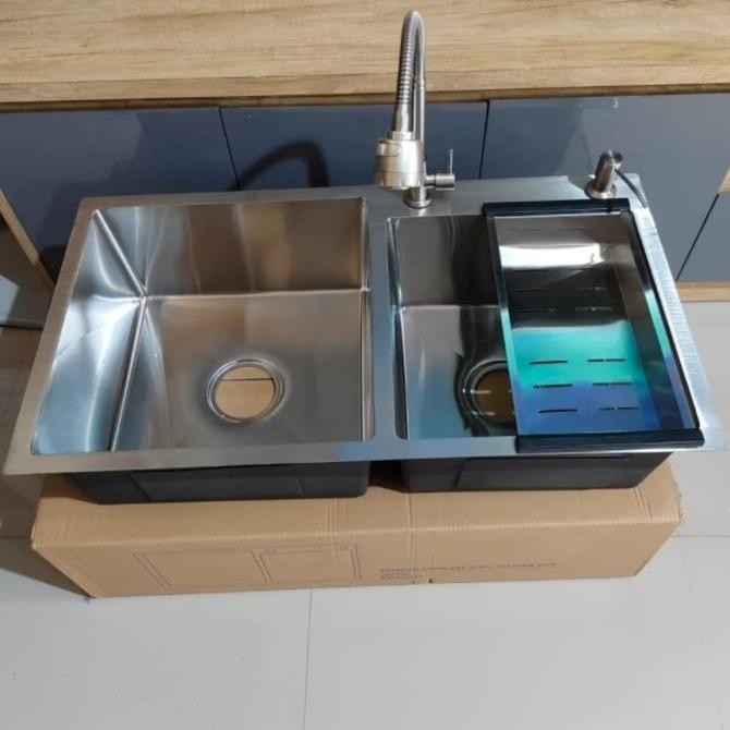 Promo Kichen Sink 2 Lubang Stainless/Bak Cuci Piring 8245 Stainless+Kran Sink Flexible Meja Original