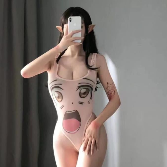 Lingerie Seksi Seragam Hot Bodysuit Jumper Motif Kartun Tipis