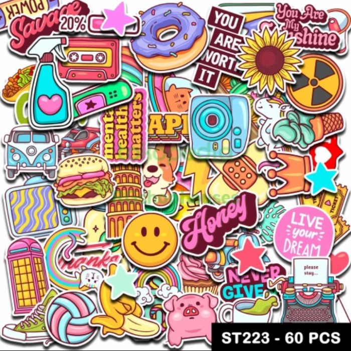 

sticker aesthetic kartun tumblr makanan waterproof koper helm 60pcs