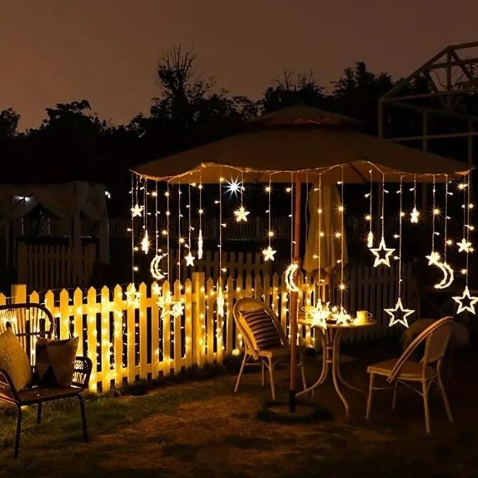 Lampu Hias Kelap-Kelip Bintang Bulan Lampu Natal Tirai Led Hias Kamar