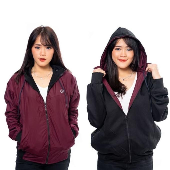 JAKET PARASUT BOMBER HOODIE BOLAK BALIK PREMIUM JUMBO POLOS WANITA 2