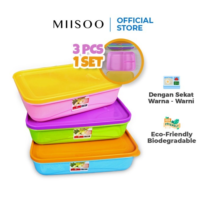 Miisoo Lunch Box Sekat 1 Set Isi 3 Kotak Bekal Kotak Makan Anti Tumpah