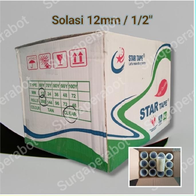 

TERMURAH - Lakban Bening 12mm 1 dus isi 288 pcs 72yard Solasi 0.5 inch Selotip
