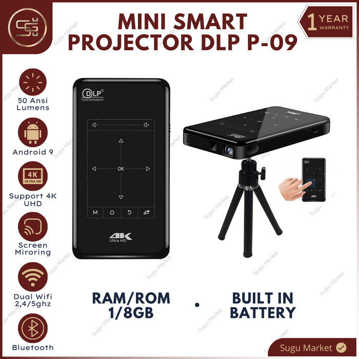 Promo Projector Dlp P09-Ii Mini Dlp Proyektor 4K Hd 50Ansi Lumens 1Gb / 8Gb