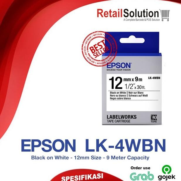 

TERBARU - EPSON Labelworks Tape Cartridge LK-4WBN 12mm x 9m Black on White