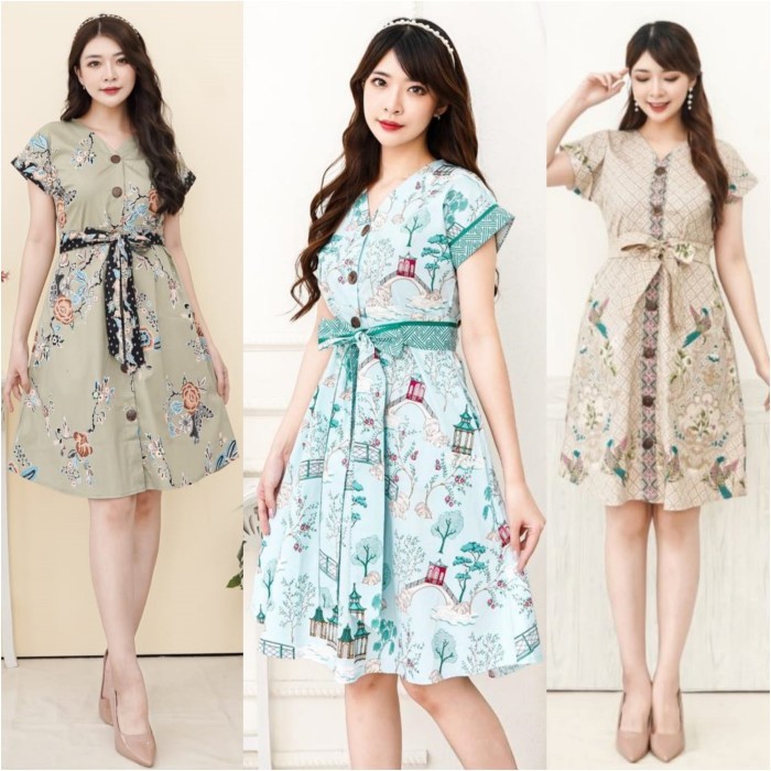 Mini Dress Batik wanita kancing bunga kombinasi size standart & jumbo