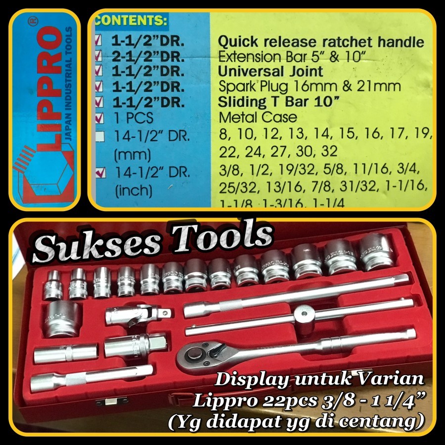 1/2 DR Socket Set Kunci Sok Set Lippro 22 pcs Sock Set Multipro 24 pcs - Lippro, 22pcs 3/8-1 1/4