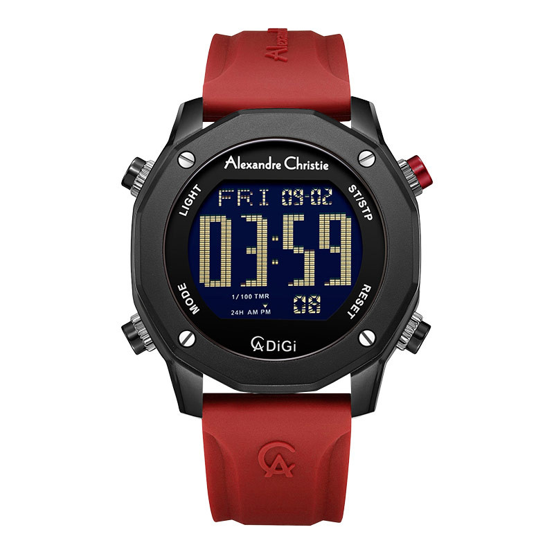 Jam Tangan Pria Alexandre Christie Digi AC 9377 MH RIPBARE Men Digital Dial Red Rubber Strap
