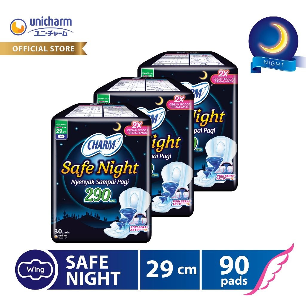 Charm Pembalut Safe Night 29cm Wing 30 pads - 3 Packs