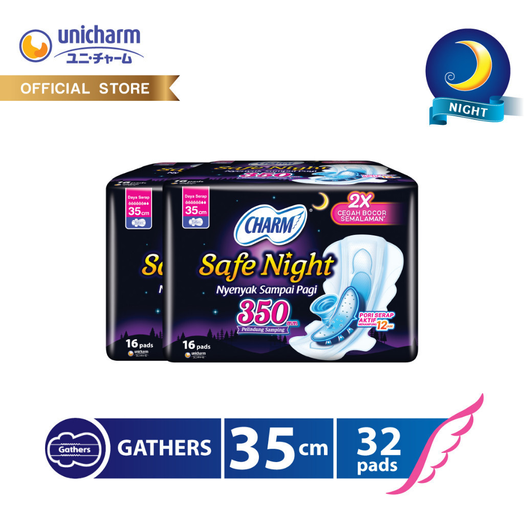 Charm Pembalut Safe Night 35cm Gather 16 pads - 2 packs