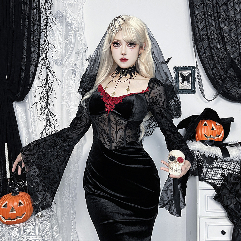CF24332Autumn2024New Halloween Dark Style Elegant Sexy Flocking Stitching Vampire Dress for Women