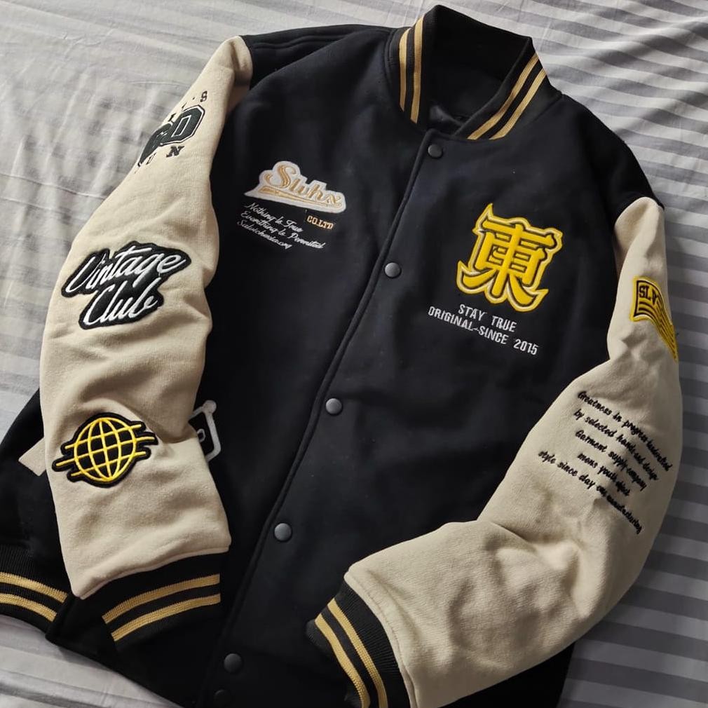 Jaket Varsity Modern Keren Pria Bordir Baseball Pria Wanita Kamikaze Salvio Sukajan Jepang