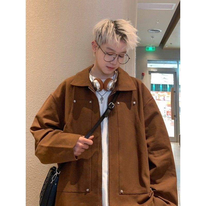 Mantel Coklat Jaket Kerah Polo Longgar Pria, Jaket Kerah Polo Tampan Amerika Baru untuk Pria