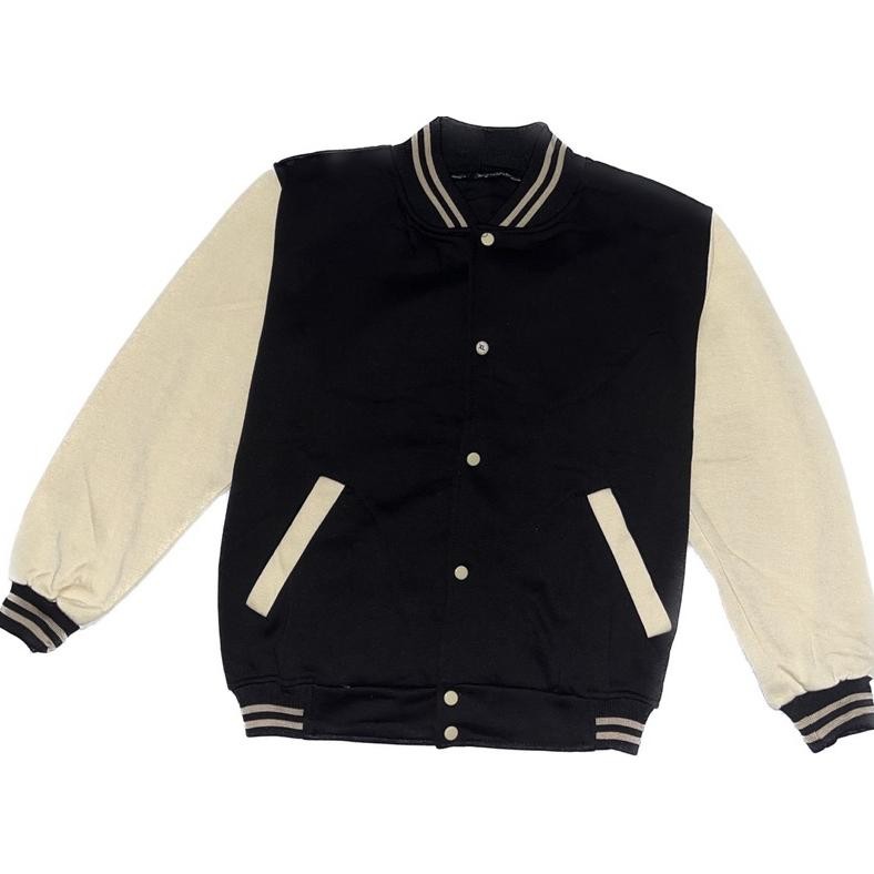 Jaket Varsity Modern Keren Baseball Polos Hitam Lengan Cream Unisex