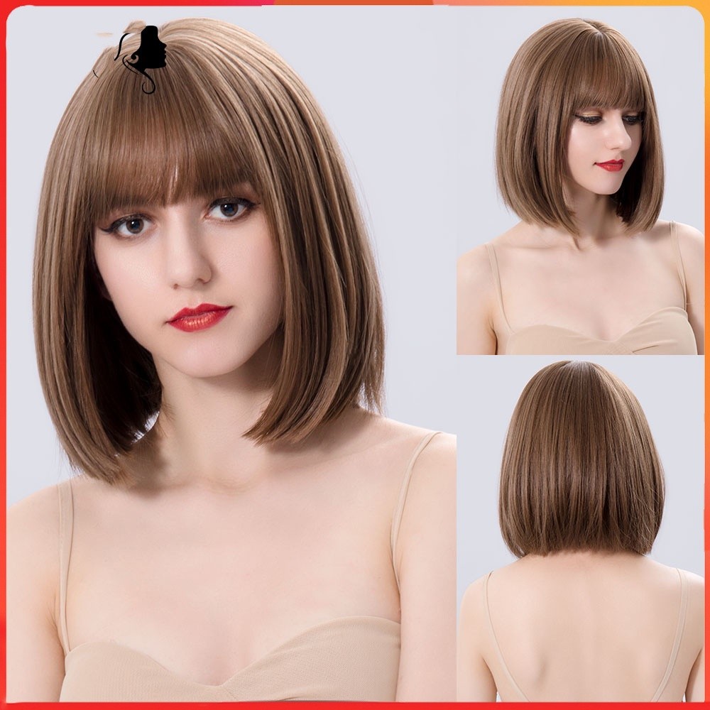 Brown Pendek Bob Lurus Sintetis Wig Untuk Wanita Kulit Putih Dengan Poni Nutural Tahan Panas Cosplay