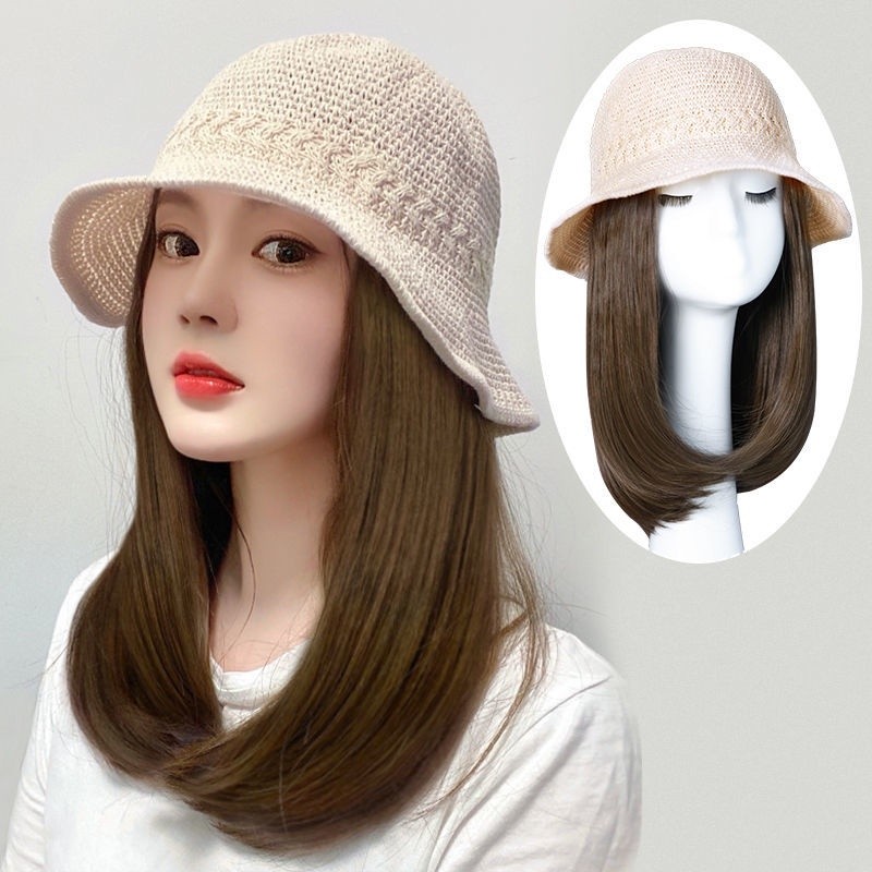 Topi Wig Wanita Topi Wig Rambut Pendek Wanita Topi Nelayan Kerai Modis Wig Rambut Lurus Panjang Seda