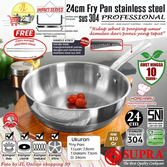 SUPRA panci fry pan 20cm stainless steel SUS 304 impact bottom professional cookware series / wajan 