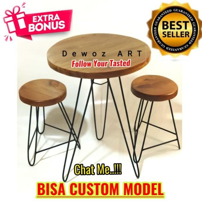 Meja Teras 1 Set - Meja Bangku Cafe Unik - Meja Kursi Kayu Rangka Besi