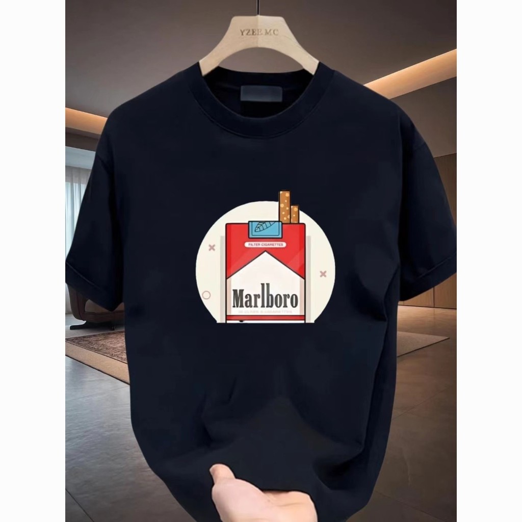 T-shirt lengan pendek katun bermotif Marlboro baru musim panas 2024 Atasan leher bulat bawahan tren 