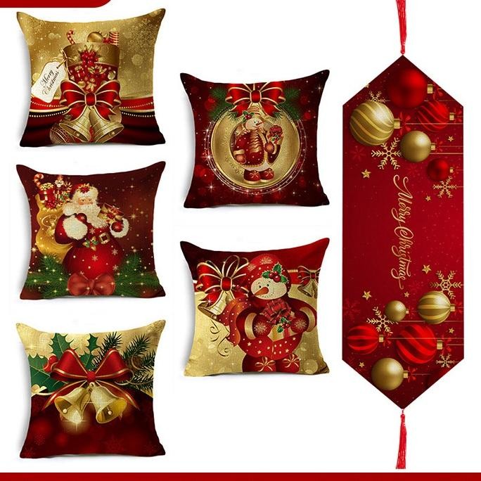 Natal Cetak Linen 40*40Cm Sarung Bantal+ Taplak Meja Setelan Dekorasi Xmas Rumah 6 Buah Set Alas Mej