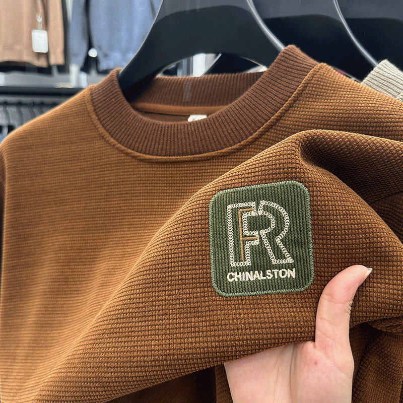 Waffle Men's Sweater Round Neck Trendy Long Sleeve Top T-Shirt