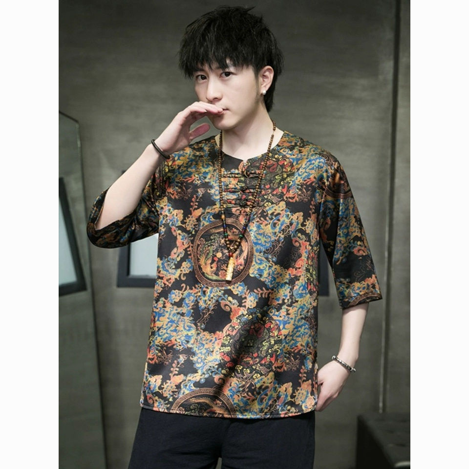 Gaya Cina untuk Pria Jubah Naga Musim Panas Tipis Es Sutra Lengan Pendek T Kaus Lengan Setengah Panj