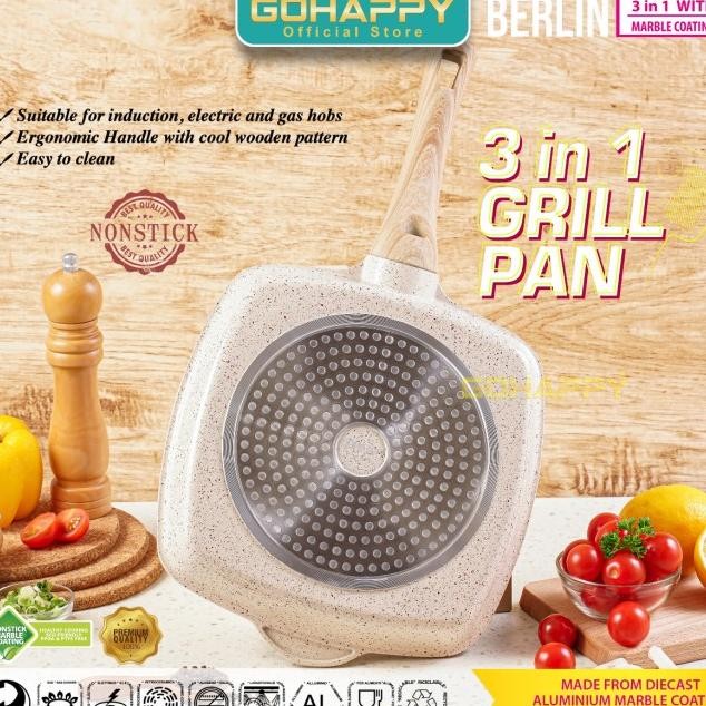 Panci Grill Pan 3 Sekat Anti Lengket - Berlin Go Happy Alat Pemanggang