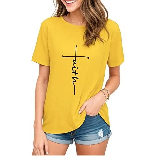 Women Cross Faith T-Shirt Printed Letter Christian Graphic Cute Tees (Yellow Crew, 2XL) |lkDgCnGN|