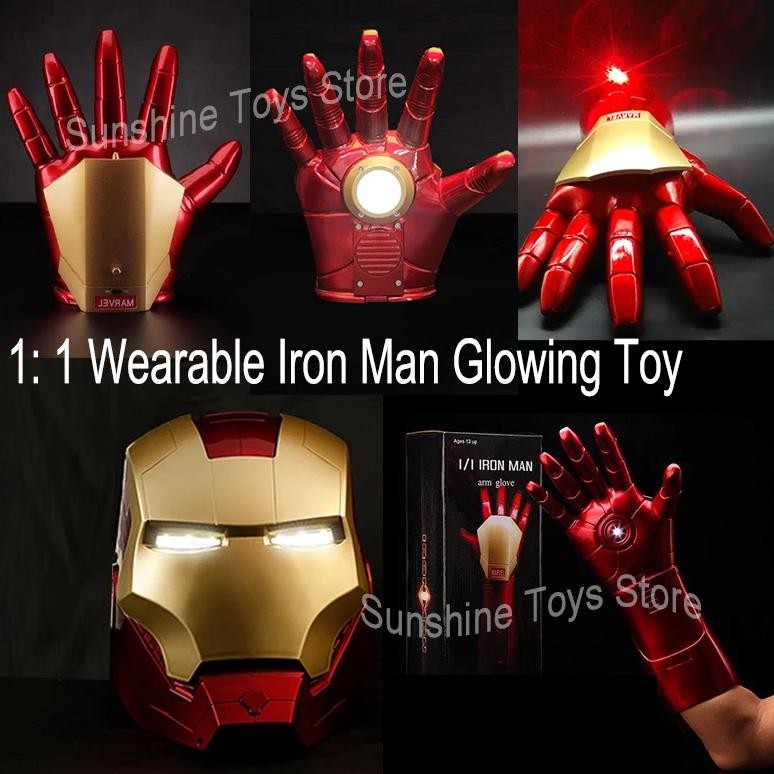 hot iron man helmet cosplay 1:1 light led wearable mask gloves glowing eyes adult child pvc action f