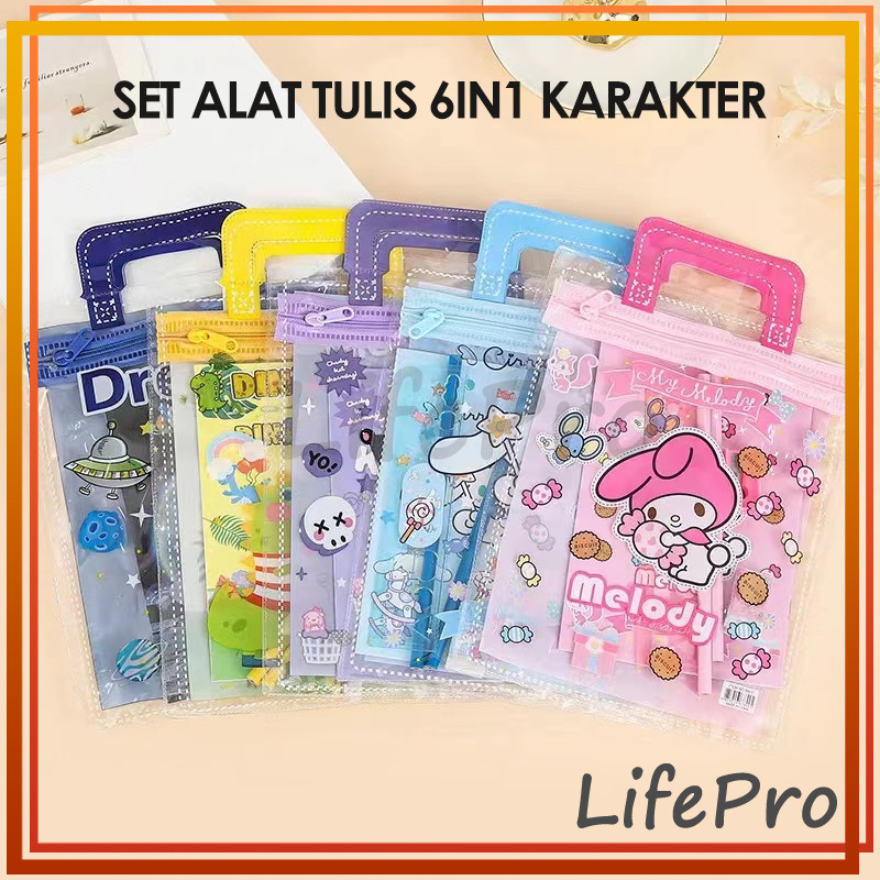 

Boneka Anak Set ATK Alat Tulis 6in1 Karakter Kuromi Melody Morol Space Murah Lucu Pouch Set
