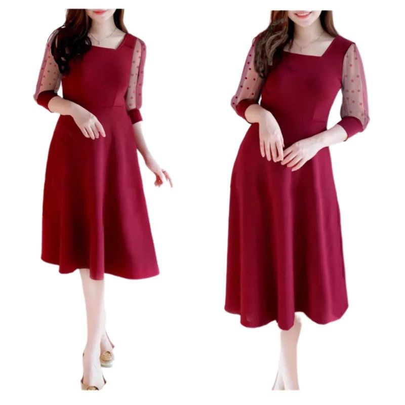 Dress Natal Cewek Kondangan Dress Merah Maroon Wanita Dris Natal Wanita Kekinian Merah Cabe Dress Pe