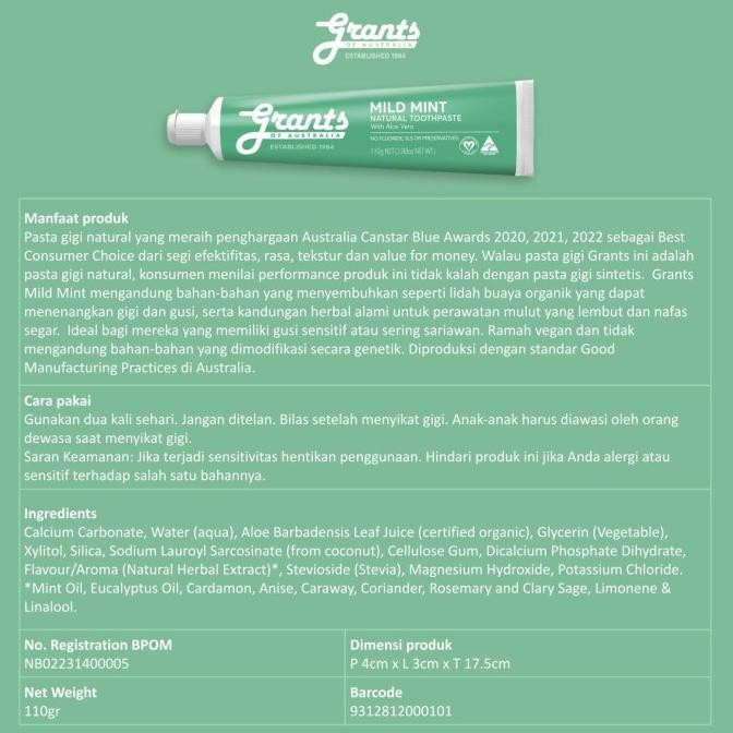 Grants Toothpaste - MILD MINT Natural Toothpaste - Fluoride Free H32S