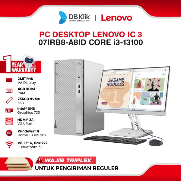 Lenovo Pc Desktop Ic3 07Irb8-A8Id Core I3-13100 4Gb Ssd 256Gb No Dvd Windows 11 Home Office Home Stu