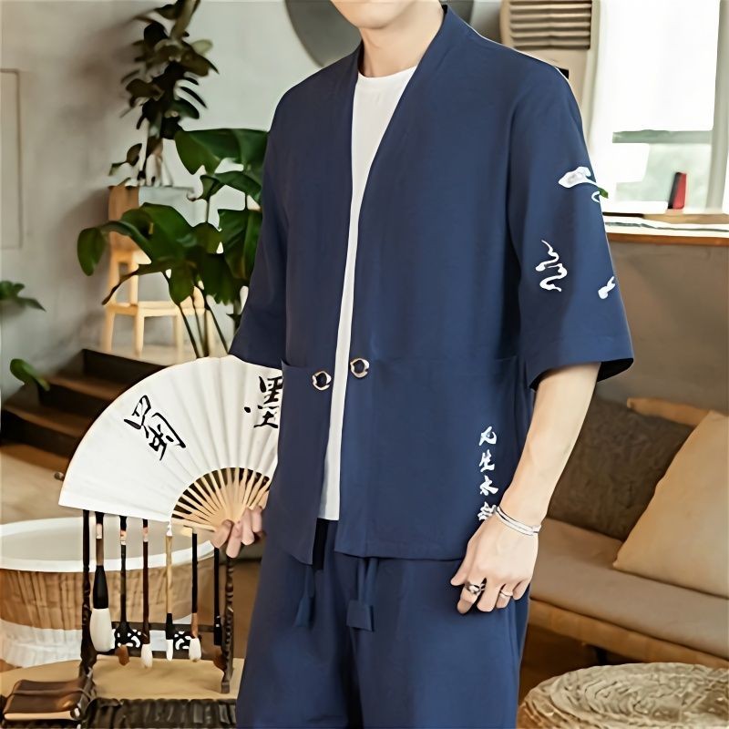 Atasan Hanfu Pria, Kardigan Katun Gaya China Lengan Setengah