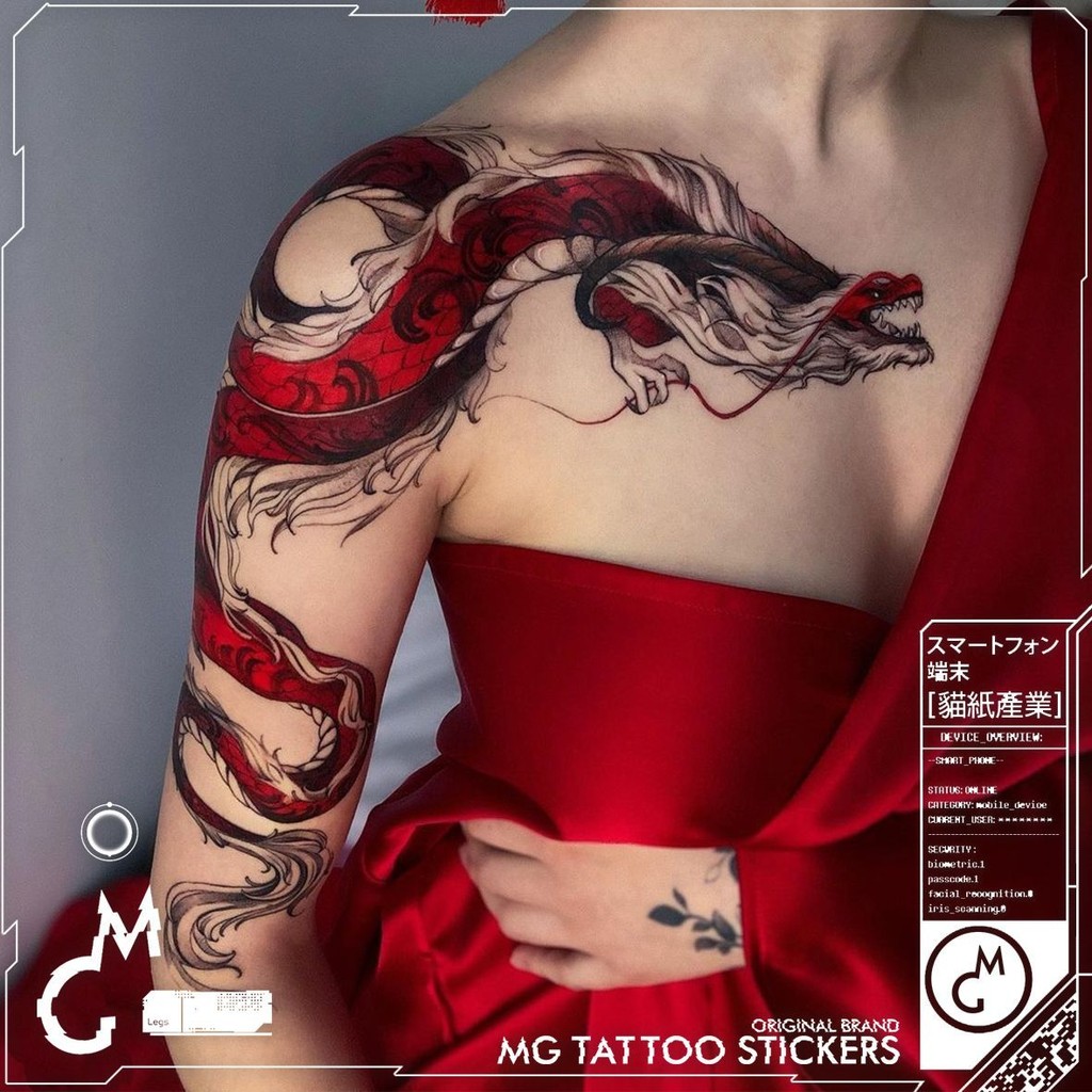 Stiker Tato Pria dan Wanita Tahan Air Gaya Kuno Gambar Besar Bahu Bunga Naga Merah
