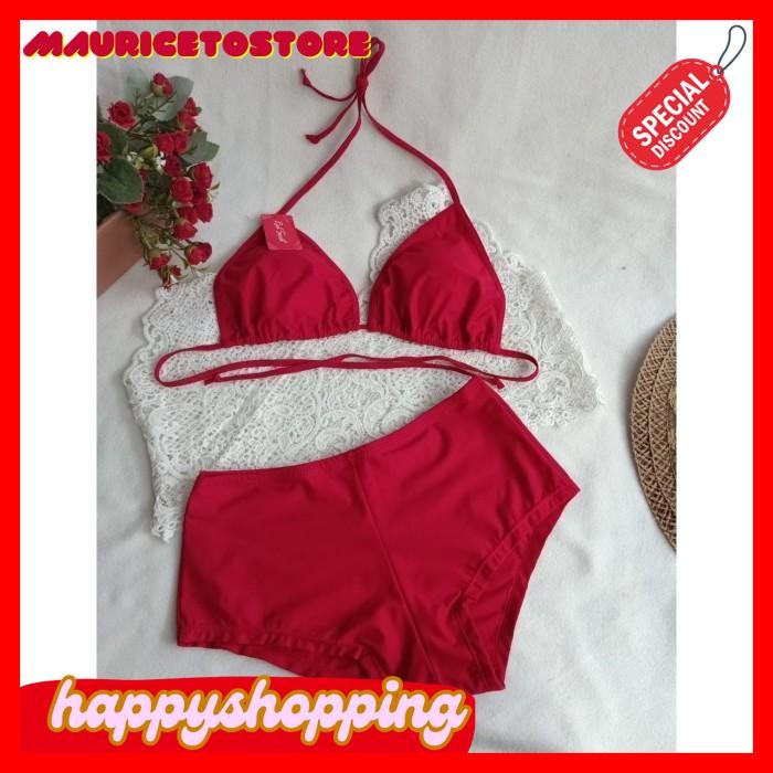 MERAH BIKINI PANTAI BRA SEGITIGA CELANA SHORT TERDEPAN