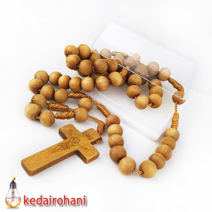 Paling DIcari Kalung Rosario Manik Beads Kayu Cendana Wangi Tali Ikat Salib Kayu