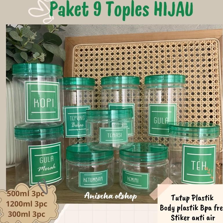 m-4 Paket Hemat 9 Toples Bumbu Dapur Tutup HIJAU Transparan Free Stiker Anti air Termurah