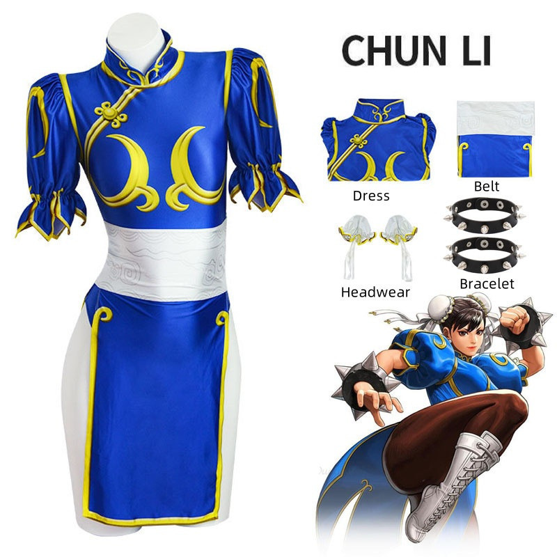 Game Chun Li Cosplay Kostum Wanita Chunli Permainan Peran Cosplay Petarung Biru Gaun Cheongsam Pesta