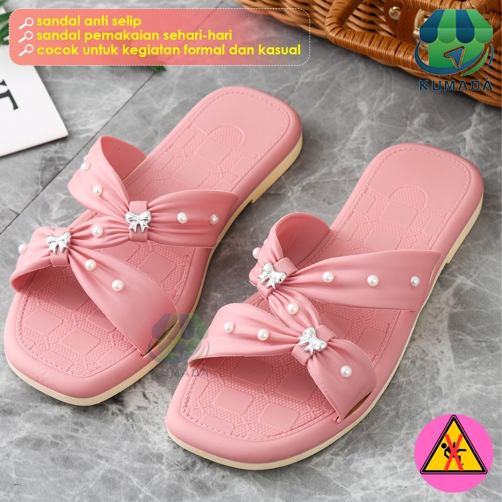 Sandal Wanita Flat Empuk Sol Karet Sandal Selop Kerut Wanita
