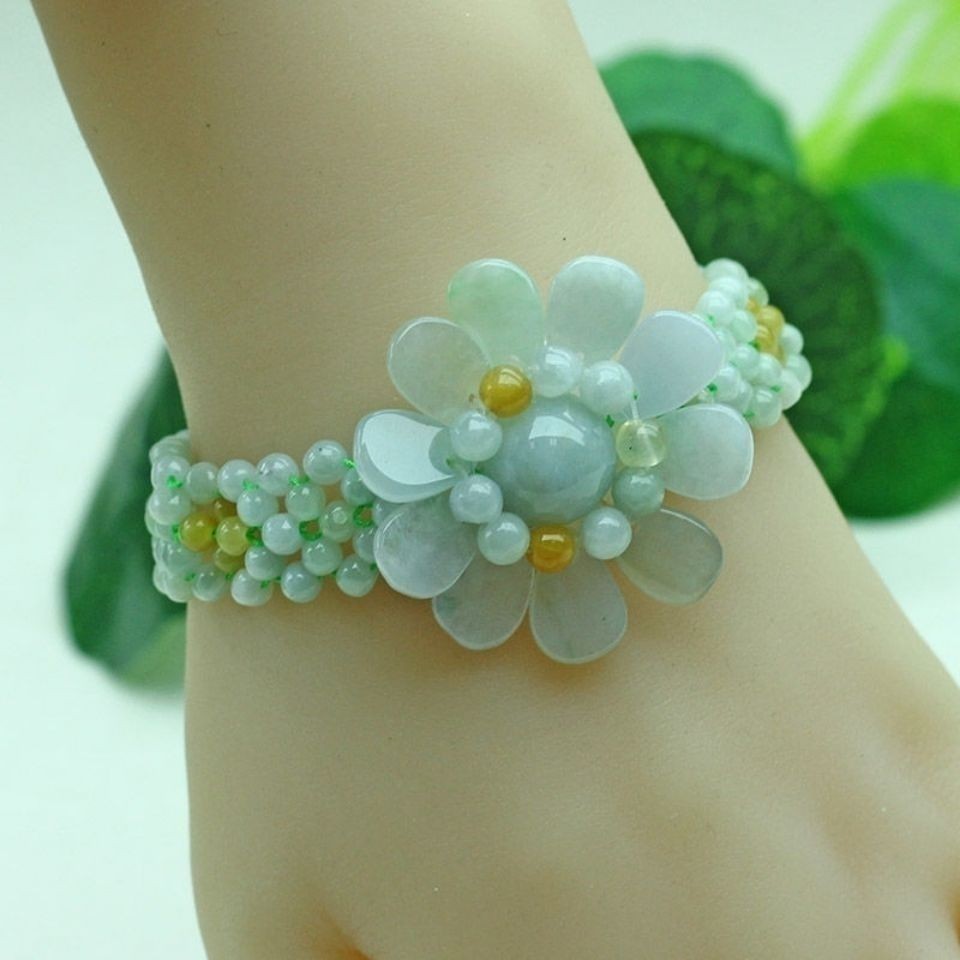 Jade SUNFLOWER Hand-Woven Pure Natural Myanmar Jade Bracelet